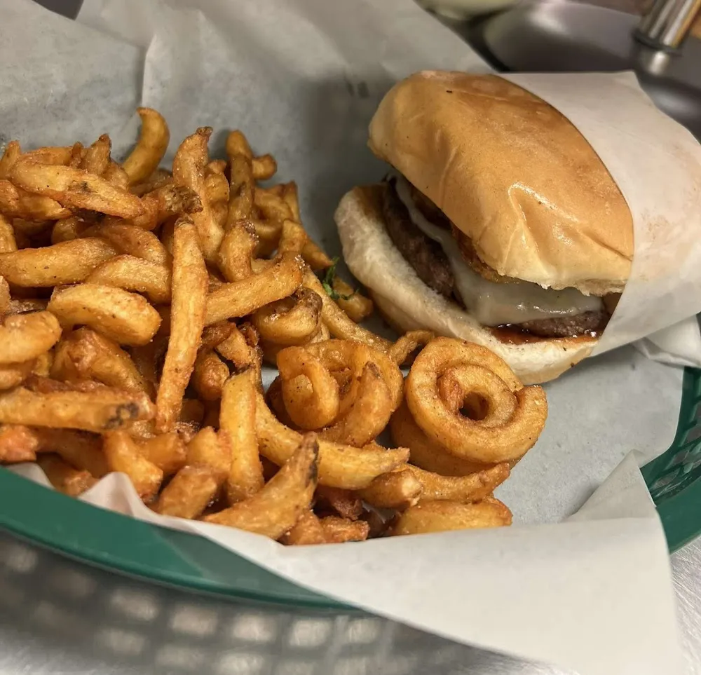 Swiss Cheeseburger with Curly Fries